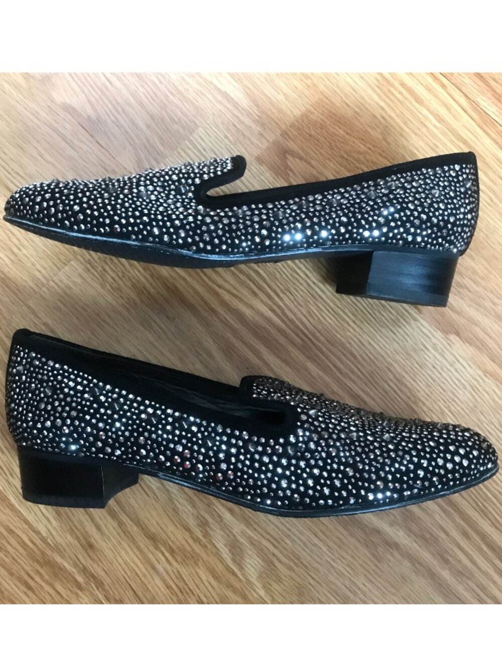 Stuart Weitzman Slipbeads Black Suede Studded Sparkly Rhinestone Loafers 8 - Picture 5 of 12